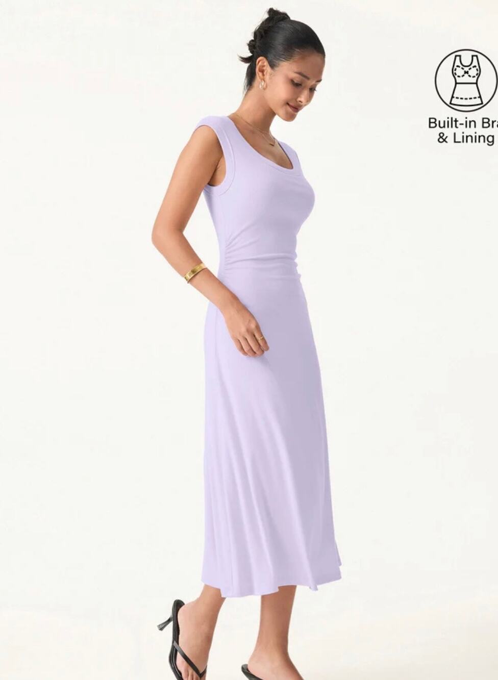 OGL Scoop Neck Side Ruched New Airy Bra Midi Dress Powder Lilac Size S New